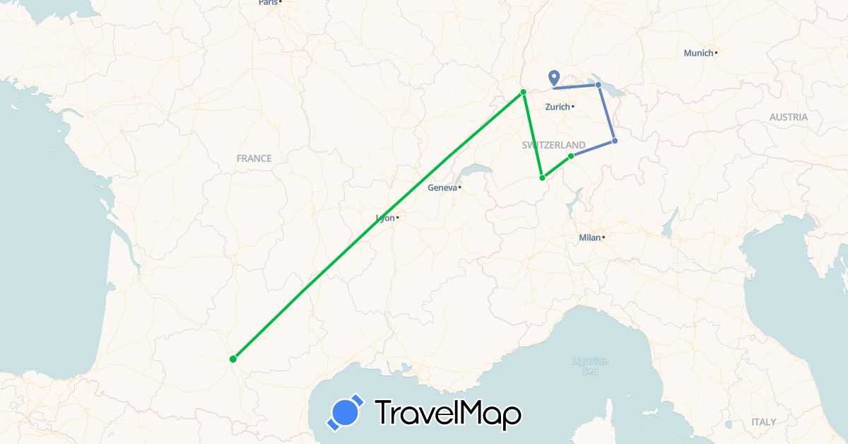 TravelMap itinerary: driving, bus, cycling in Switzerland, Germany, France (Europe)